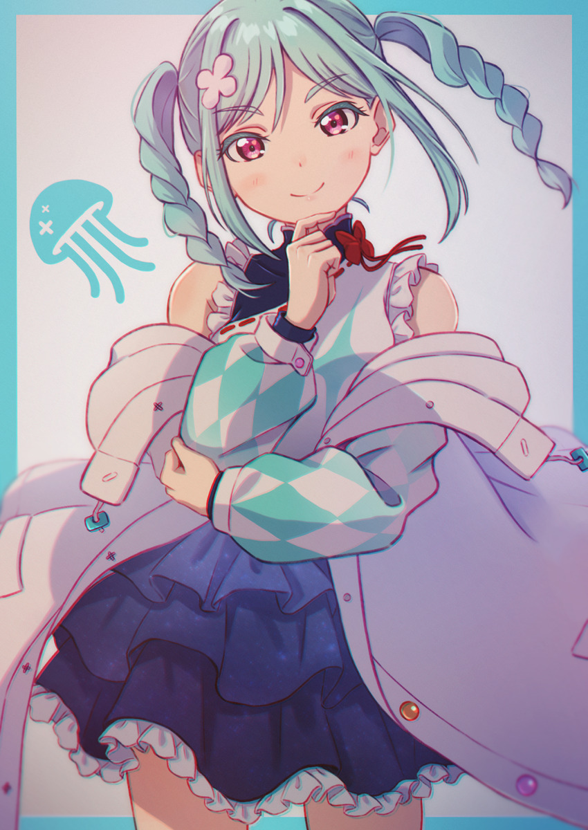 1girl aqua_hair argyle_clothes argyle_sleeves blue_border blush border braid buttons commentary commentary_request dress english_commentary frills gradient_clothes gradient_dress grey_background hair_ornament hajimari_wa_kimi_no_sora highres jacket long_hair long_sleeves looking_at_viewer love_live! love_live!_superstar!! macken666 mixed-language_commentary onitsuka_tomari open_clothes open_jacket red_eyes sidelocks simple_background sleeveless sleeveless_dress smile solo twin_braids twintails upper_body white_jacket
