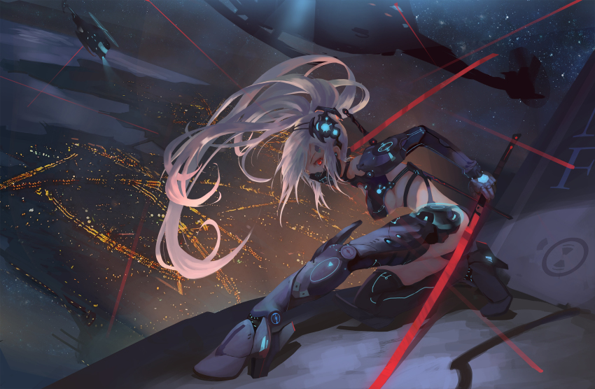 1girl airborne_laser aircraft bad_id bad_pixiv_id boots breasts cityscape directed-energy_weapon energy_cannon energy_weapon female_focus flying helicopter high_heel_boots high_heels highres laser laser_cannon mask medium_breasts neko-mura_ikkro night original ponytail red_eyes science_fiction sky solo star_(sky) star_(symbol) starry_sky sword underboob weapon