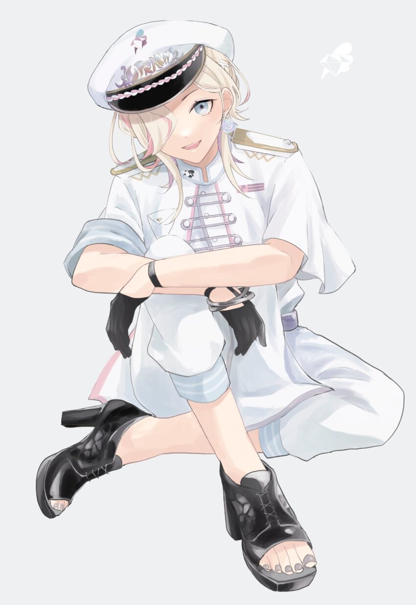 1boy :d anchor_symbol black_footwear black_gloves blonde_hair blue_eyes bracelet capelet earrings full_body gem_(symbol) gloves grey_background grey_nails hair_ornament hair_over_one_eye half_gloves hat high_heels highres holostars jacket jewelry knee_up looking_at_viewer male_focus medium_hair mioto_(tsubsq_m) multicolored_hair nail_polish official_alternate_costume on_ground open_mouth pants peaked_cap pink_hair purple_hair sailor shirt short_sleeves simple_background sitting smile solo streaked_hair teeth toeless_footwear toenail_polish toenails upper_teeth_only utsugi_uyu virtual_youtuber white_capelet white_hat white_jacket white_pants white_shirt x_hair_ornament