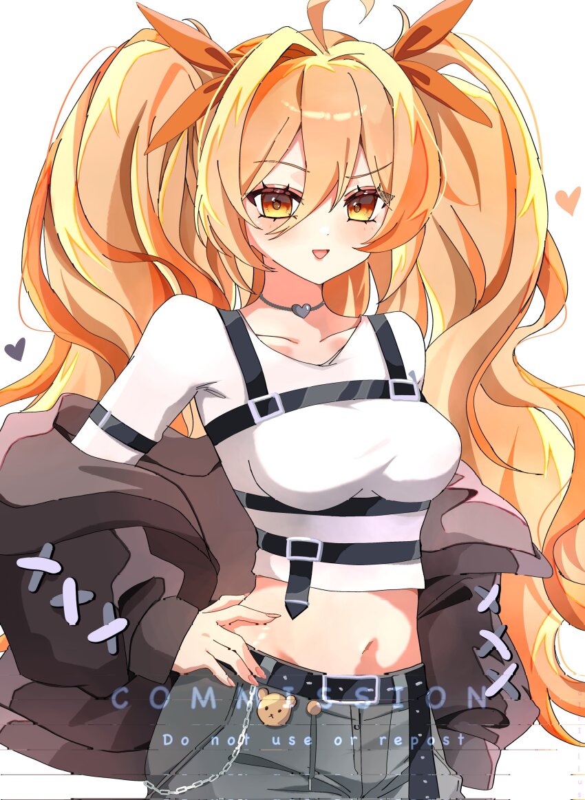 1girl absurdres ahoge airiillus belt blonde_hair breasts brown_jacket character_name chest_harness commission cowboy_shot crop_top grey_shorts hair_between_eyes hand_on_own_hip harness highres jacket jewelry long_hair long_sleeves looking_at_viewer medium_breasts midriff multicolored_hair navel necklace off_shoulder open_mouth orange_eyes original puffy_long_sleeves puffy_sleeves raised_eyebrow shirt shorts simple_background smile solo streaked_hair two_side_up very_long_hair vgen_commission white_background white_shirt