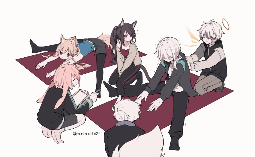 1other 2girls 3boys adnachiel_(arknights) alternate_costume animal_ears ansel_(arknights) arknights assisted_stretching black_hoodie black_jacket black_pants black_pantyhose black_shorts blue_shirt brown_hair brown_pants cardigan_(arknights) cat_ears cat_girl cat_tail clipboard closed_eyes commentary doctor_(arknights) dog_ears dog_girl dog_tail energy_wings english_commentary facing_away fox_boy fox_ears fox_tail grey_shirt halo highres holding holding_clipboard holding_pen hood hoodie jacket long_sleeves lop_rabbit_ears melantha_(arknights) multiple_boys multiple_girls no_shoes pants pantyhose pantyhose_under_shorts pen pink_hair ponytail purple_eyes pushu rabbit_ears red_shirt shirt shorts simple_background sleeveless sleeveless_hoodie squatting steward_(arknights) stretching struggling sweat tail tilted_halo traditional_halo white_background white_hair white_shirt wings yoga_mat