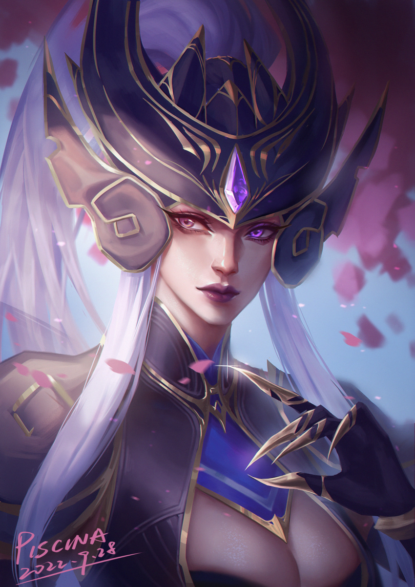 1girl absurdres armor artist_name black_gloves breasts claws cleavage closed_mouth dated gloves grey_hair hand_up helmet heterochromia highres large_breasts league_of_legends long_hair looking_at_viewer outdoors petals pink_eyes piscina ponytail purple_eyes red_lips shoulder_armor solo syndra