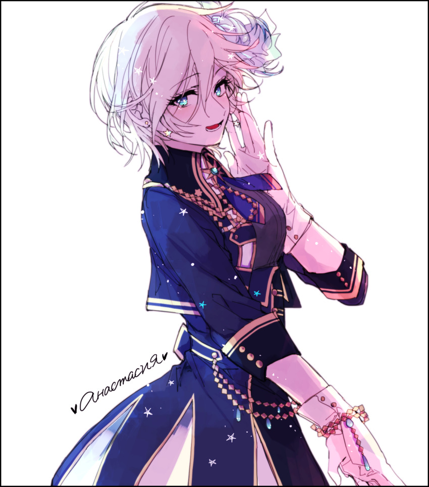 1girl amane_(7783) blue_eyes blue_jacket commentary_request earrings gloves hand_up heart highres idolmaster idolmaster_cinderella_girls jacket jewelry long_sleeves looking_at_viewer shiomi_syuko short_hair solo star-shaped_pupils star_(symbol) star_earrings symbol-shaped_pupils white_gloves white_hair