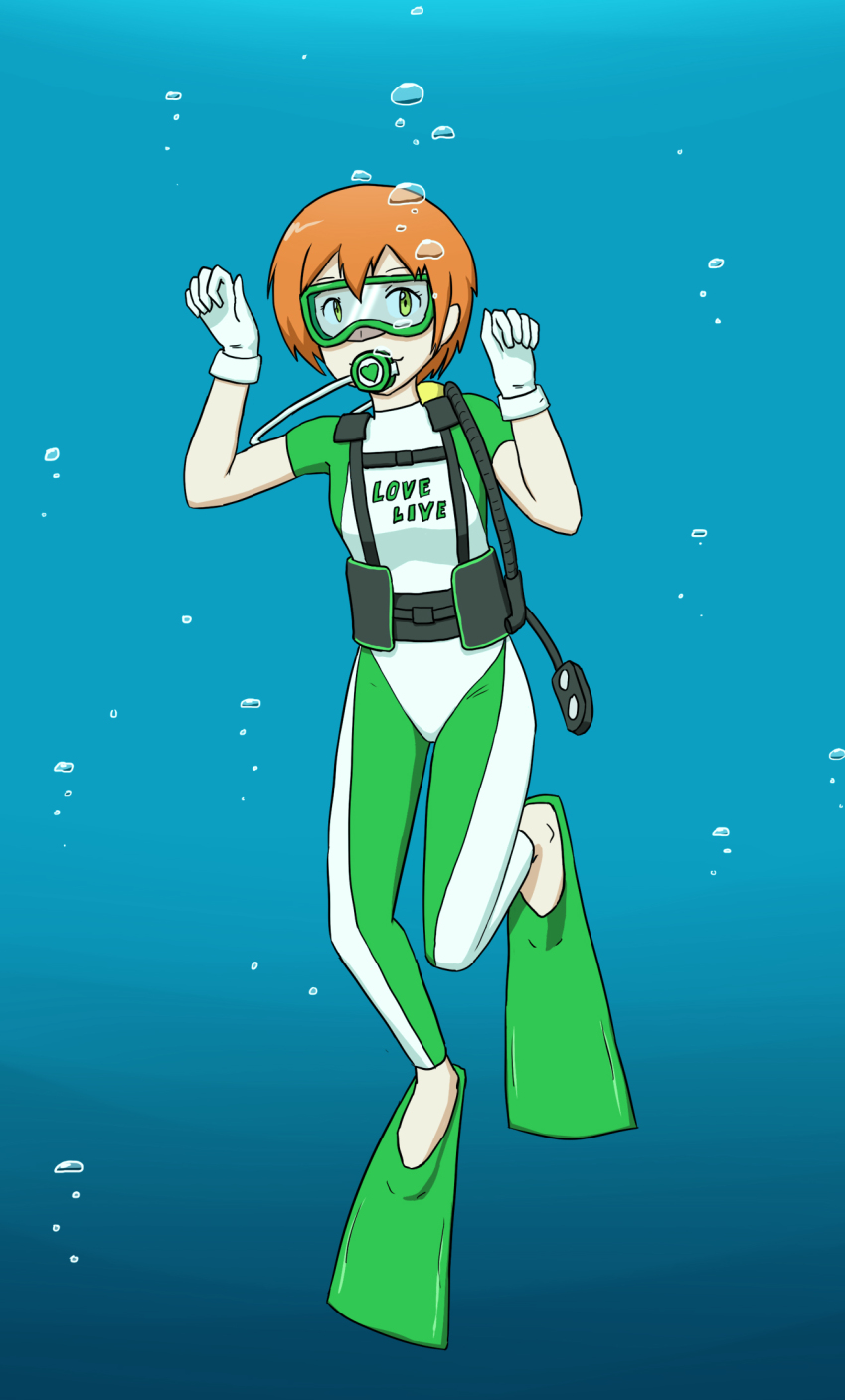 1girl air_bubble bodysuit bubble commission diving_mask diving_suit flippers gauge gloves goggles harness highres love_live! orange_hair paw_pose scuba_gear scuba_tank underwater uw-fnarfnar wetsuit white_gloves yellow_eyes
