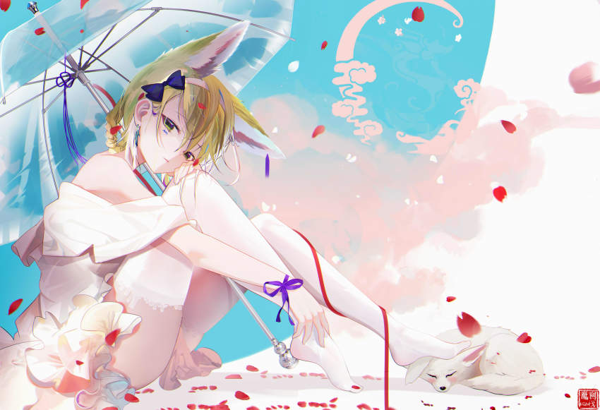 1girl absurdres animal_ear_fluff animal_ears aqua_hairband arknights blonde_hair earpiece feet fox fox_ears fox_girl fox_tail grey_hairband hairband highres legs looking_at_viewer mongoose_ears no_shoes omone_hokoma_agm pedal red_ribbon ribbon soles suzuran_(arknights) tail umbrella white_legwear