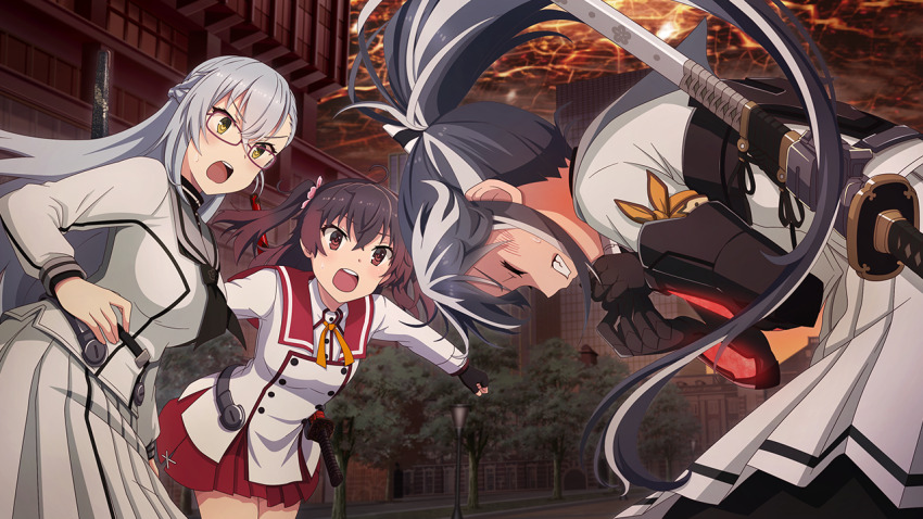 3girls ahoge asakura_mihono ayanokouji_martial_arts_school_uniform bent_back black_gloves black_hair black_neckerchief breasts brown_hair bruise bruise_on_face building buttons clenched_teeth closed_eyes contrapposto double-breasted fingerless_gloves game_cg glasses gloves gradient_hair grey_hair grey_sailor_collar hair_between_eyes injury katana kitora_mirja long_hair long_sleeves looking_at_another medium_breasts medium_hair minoseki_gakuin_uniform multicolored_hair multiple_girls neck_ribbon neckerchief non-web_source open_mouth orange_ribbon outdoors pleated_skirt ponytail power_suit red_eyes red_sailor_collar red_skirt ribbon sailor_collar school_uniform sheath sheathed shirt sidelocks skirt streaked_hair sweat sword teeth toji_no_miko toji_no_miko:_kizamishi_issen_no_tomoshibi tree very_long_hair weapon white_hair white_shirt white_skirt winter_uniform yamashiro_yui yellow_eyes