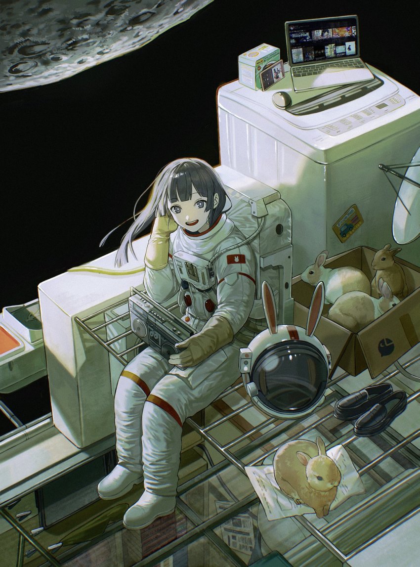 1girl alternate_costume astronaut bell black_eyes black_hair black_shoes box call_bell cardboard_box cellphone computer floating_hair full_body helmet highres ikuta41 laptop loafers long_hair looking_at_viewer moon nijisanji open_mouth pedestrian_lights phone rabbit radio satellite_dish shoes sitting smartphone smile solo space space_helmet spacesuit top-load_washing_machine tsukino_mito unworn_headwear unworn_helmet virtual_youtuber washing_machine wind