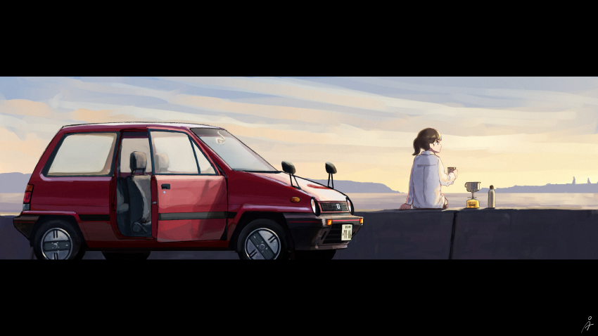1girl absurdres backpacking_stove brown_hair car cup evening highres holding holding_cup honda honda_city letterboxed motor_vehicle mug ocean original outdoors ponytail portable_stove red_car rudeko32 scenery sitting smile solo vehicle_focus