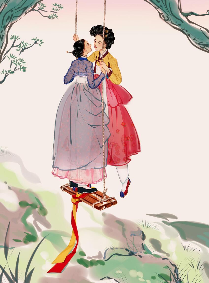 2girls black_hair blue_hanbok character_request closed_eyes dress female_focus grass hanbok happy highres korean_clothes letsgopastel long_dress multiple_girls on_swing outdoors painter_of_the_wind red_hanbok smile standing standing_on_swing swing_set tree yellow_hanbok yuri
