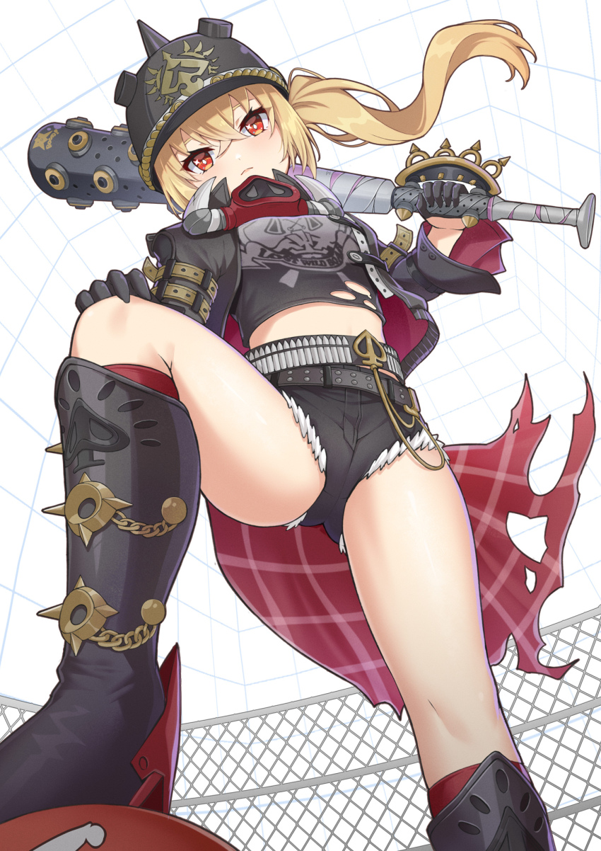 1girl agiri_(agiri_box) baseball_bat black_boots black_gloves black_helmet black_jacket black_shorts blonde_hair blush boots closed_mouth from_below gloves hair_between_eyes half_gloves helmet highres holding holding_baseball_bat jacket leg_support light_blush long_hair looking_at_viewer luciana_de_montefio red_eyes serious short_shorts shorts side_ponytail sidelocks solo standing standing_on_one_leg zenless_zone_zero