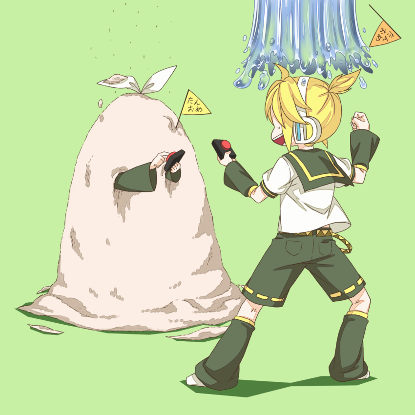 1boy 1girl arm_warmers belt black_shorts blonde_hair brother_and_sister commentary_request controller flag green_background headphones highres holding holding_remote_control kagamine_len kagamine_rin leg_warmers ponytail prank remote_control ribbon rindo salt short_sleeves shorts siblings smug standing translation_request twins vocaloid water white_ribbon