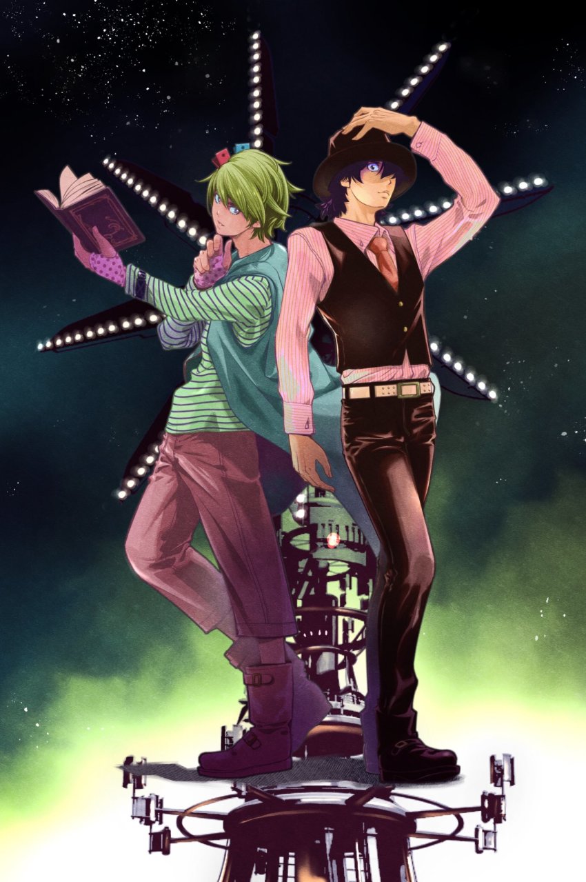 2boys belt black_hair black_headwear black_pants book boots detective electricity fedora fuuto_tantei green_eyes green_hair hat hidari_shoutarou highres holding kamen_rider kamen_rider_w long_sleeves male_focus multiple_boys necktie official_art open_hands pants philip_(kamen_rider) promotional_art sato_masaki_(masayakofu) scarf sleeves_past_wrists tokusatsu tower v-fin vest