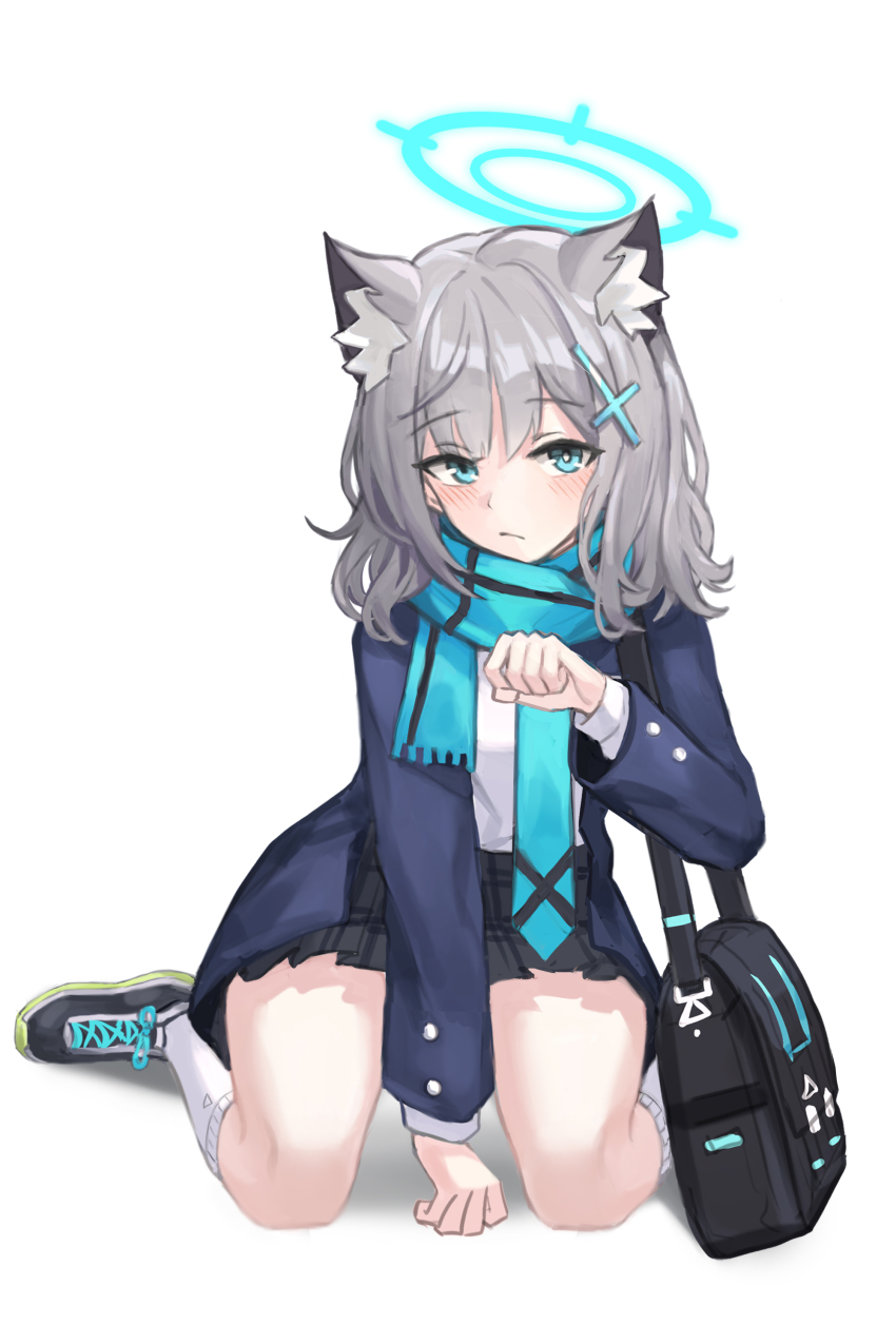 1girl :/ absurdres animal_ear_fluff animal_ears black_bag black_shoes black_skirt blue_archive blue_eyes blue_halo blue_jacket blue_scarf blush closed_mouth commentary_request cross_hair_ornament grey_hair hair_ornament halo highres jacket kakago kneeling long_hair long_sleeves looking_at_viewer open_clothes open_jacket pleated_skirt scarf school_uniform shiroko_(blue_archive) shoes simple_background skirt socks solo white_background white_socks wolf_ears