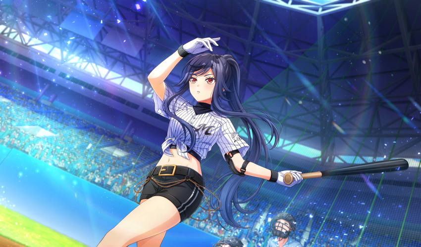 baseball baseball_bat baseball_stadium baseball_uniform belt belt_buckle black_belt black_shorts black_undershirt blue_hair blurry buckle catcher&#039;s_mask chiba_lotte_marines cinderella_series crowd depth_of_field dutch_angle film_grain from_below game_cg gloves hachigatsu_no_cinderella_nine high_ponytail highres holding holding_baseball_bat inui_kei_(hachigatsu_no_cinderella_nine) light_particles light_rays long_hair looking_ahead multiple_girls navel net nippon_professional_baseball non-web_source official_art outdoors playing_sports ponytail red_eyes shirt shirt_under_shirt short_sleeves shorts sidelocks solo_focus sportswear standing striped_clothes striped_shirt sunbeam sunlight tied_shirt umpire vertical-striped_clothes vertical-striped_shirt white_gloves