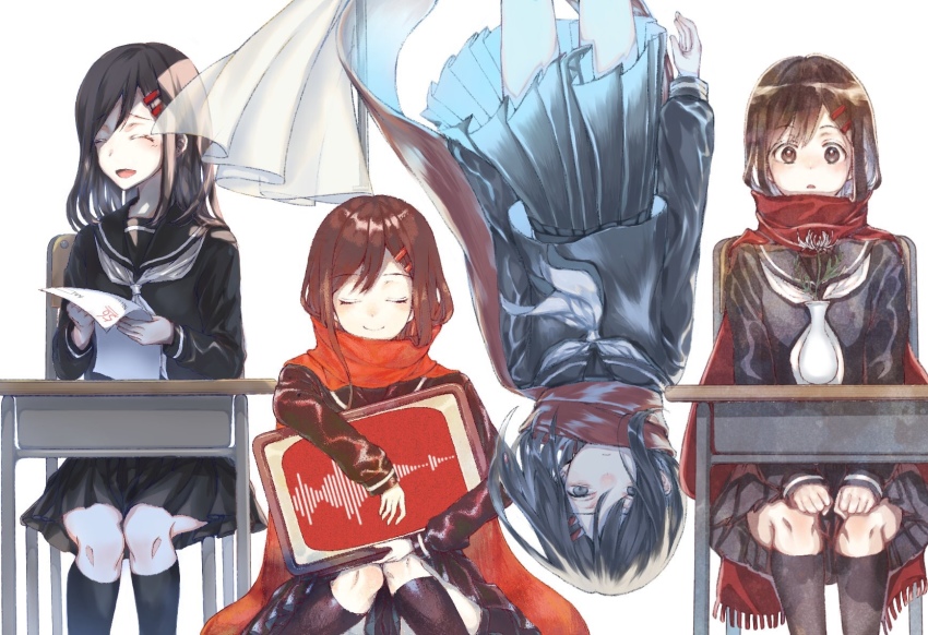 1girl :d ^_^ black_hair black_serafuku black_skirt black_socks brown_eyes brown_hair chair closed_eyes cold curtains desk enpera flower graphic_equalizer grey_eyes hair_between_eyes hair_ornament hairpin hand_on_knees happy highres holding holding_paper hug kagerou_project kirito5112 kneehighs light_frown long_hair long_sleeves looking_at_object mekakucity_actors monitor multiple_hairpins neckerchief open_mouth paper parted_bangs pleated_skirt red_scarf sad scarf school_desk school_uniform serafuku sitting skirt smile socks spider_lily tateyama_ayano upside-down vase white_background white_flower white_neckerchief white_spider_lily window