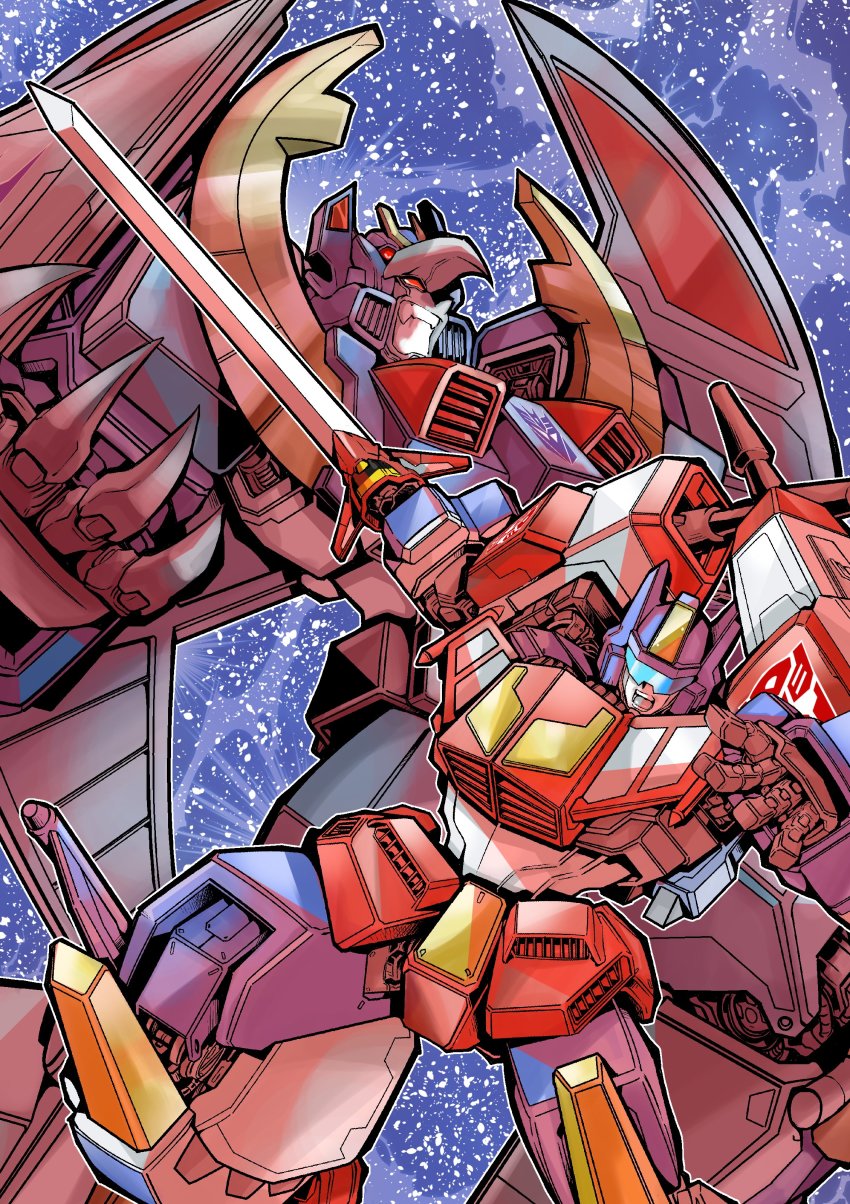 absurdres assault_visor autobot claws deathsaurus decepticon highres holding holding_sword holding_weapon looking_down looking_up mecha open_hand open_mouth robot science_fiction space star_saber_(transformers) sword transformers transformers_victory tsushima_naoto weapon