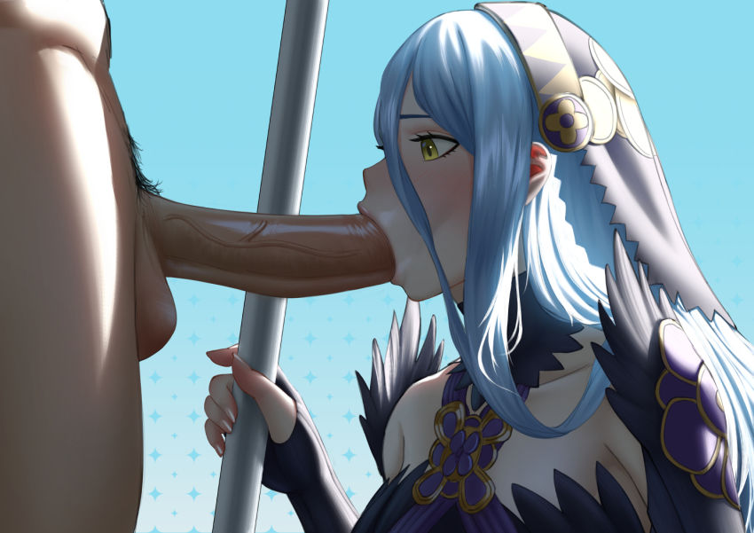 1boy 1girl azura_(fire_emblem) azura_(lady_of_ballads)_(fire_emblem) blue_hair breasts covered_mouth erection fellatio fingerless_gloves fire_emblem fire_emblem_fates gloves headdress hetero jornyhail male_pubic_hair mouth_veil nintendo official_alternate_costume open_mouth oral penis profile pubic_hair staff uncensored veil veins veiny_penis yellow_eyes