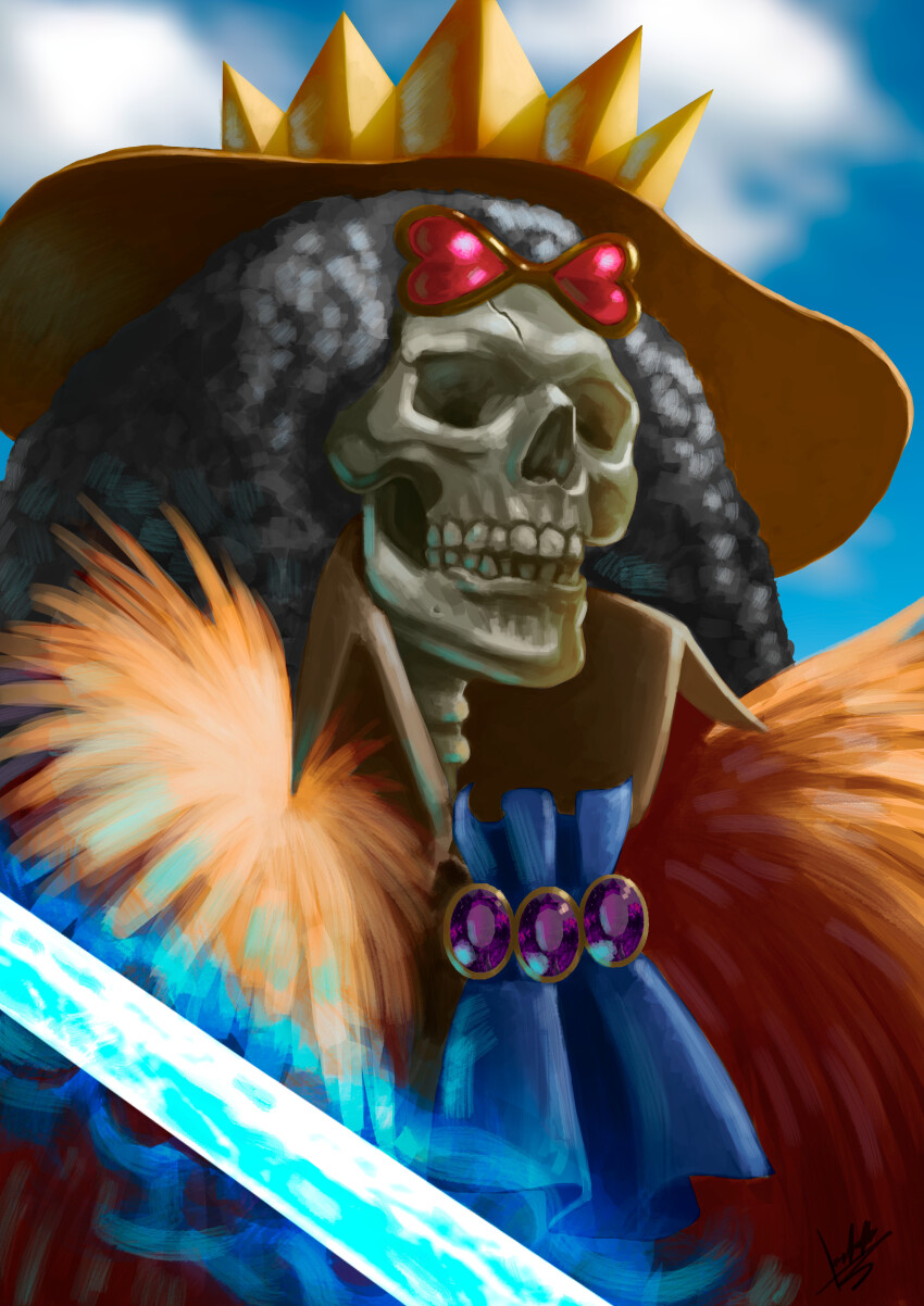 1boy absurdres afro ascot black_hair blue_ascot brook_(one_piece) cloud cloudy_sky commentary crown crown_hat day english_commentary eyewear_on_head gold_crown hat highres male_focus one_piece outdoors phigso pink-tinted_eyewear realistic skeleton sky solo sunglasses sword tinted_eyewear weapon yellow-framed_eyewear