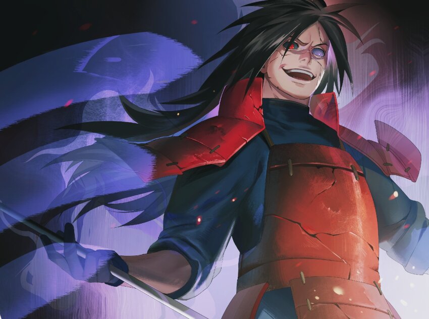 1boy armor black_gloves blonde_hair broken_armor crack crazy_eyes crazy_smile edo_tensei gloves heterochromia highres holding holding_weapon japanese_armor long_hair long_sleeves looking_at_viewer male_focus naruto_(series) naruto_shippuuden open_mouth red_armor rinnegan sharingan sleeves_past_wrists sleeves_rolled_up smile spiked_hair teeth tobu_(bilibil) uchiha_madara upper_teeth_only weapon