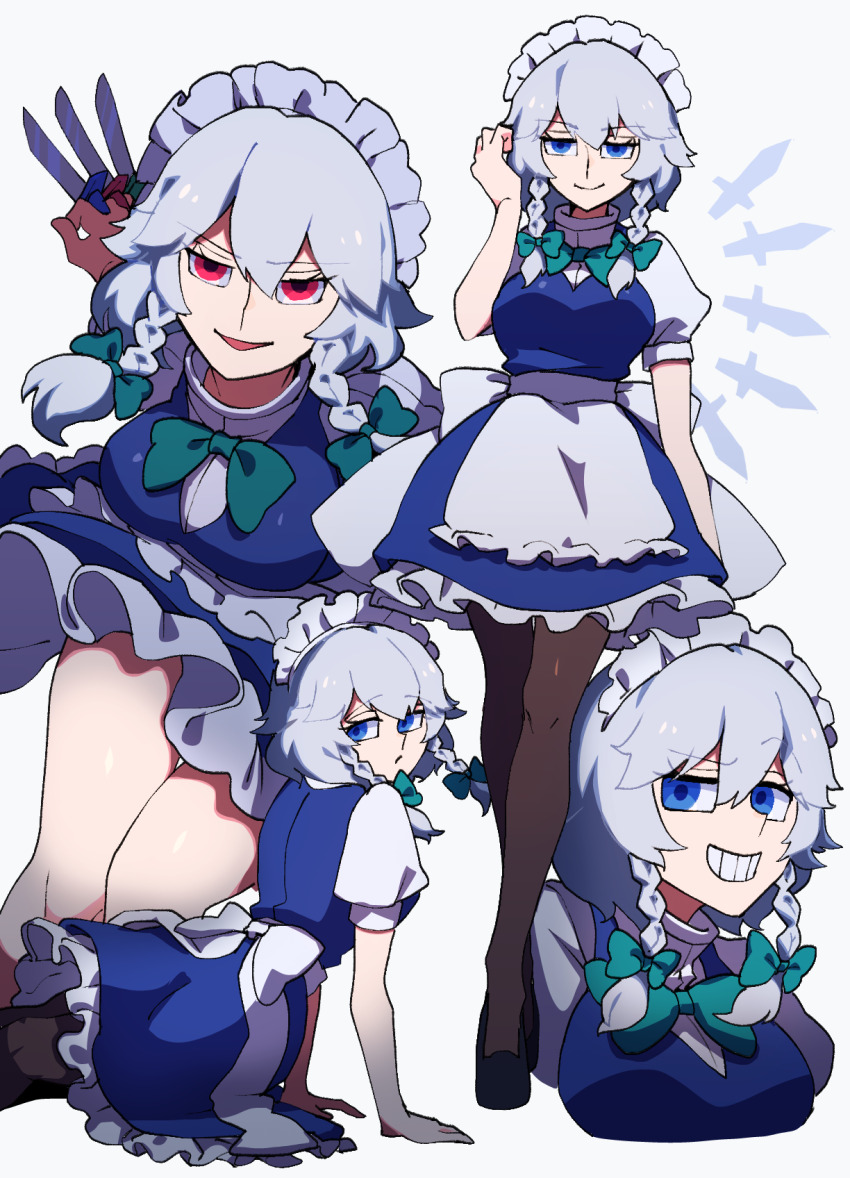 1girl apron aqua_bow aqua_bowtie between_fingers blue_eyes bow bowtie braid breasts cropped_torso full_body grey_hair hair_between_eyes hair_bow high_heels highres holding holding_knife iganashi1 izayoi_sakuya knife knives_between_fingers leaning_forward looking_at_viewer looking_back maid maid_apron medium_breasts multiple_views pantyhose red_eyes short_hair smile standing teeth throwing_knife touhou twin_braids waist_apron weapon