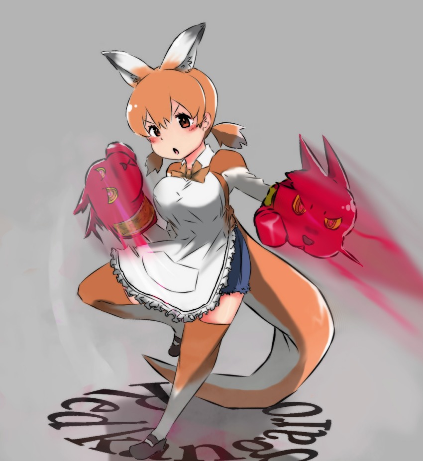 10s 1girl apron bad_id bad_pixiv_id blush bow bowtie boxing_gloves character_name female_focus full_body grey_background highres kangaroo_ears kangaroo_tail kemono_friends low_twintails multicolored_hair open_mouth orange_eyes orange_hair punching red_kangaroo_(kemono_friends) simple_background solo takapon thighhighs twintails two-tone_hair white_hair