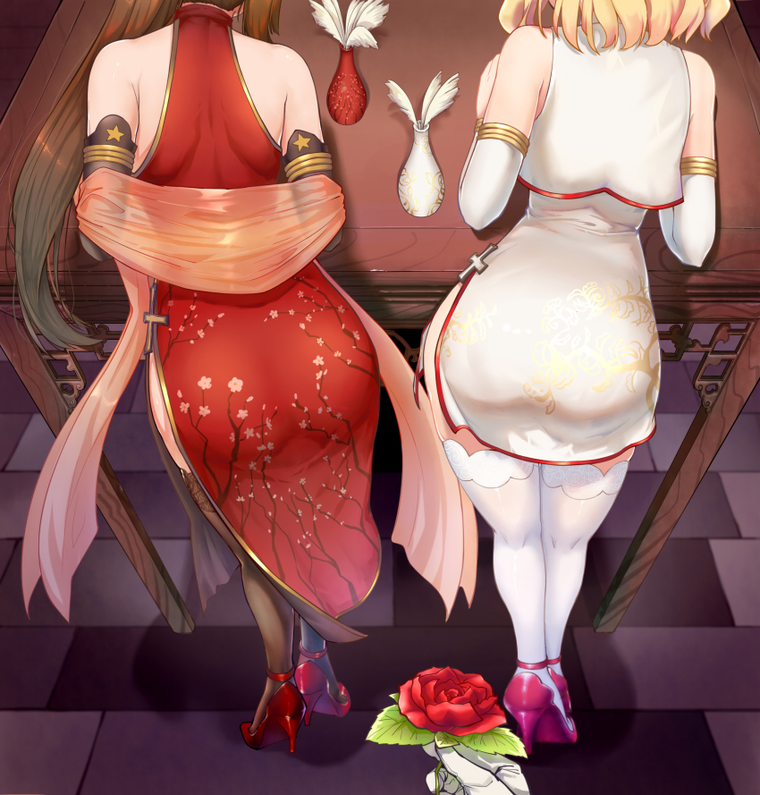 2girls absurdres ass black_legwear blonde_hair brown_hair china_dress chinese_clothes detached_sleeves dress flower from_behind high_heels highres multiple_girls ponytail red_dress red_flower red_footwear red_rose rose short_dress short_hair sleeveless sleeveless_dress thighhighs warship_girls_r white_dress white_legwear xiao_shei.. z16_friedrich_eckoldt_(warship_girls_r) z1_leberecht_maass_(warship_girls_r)