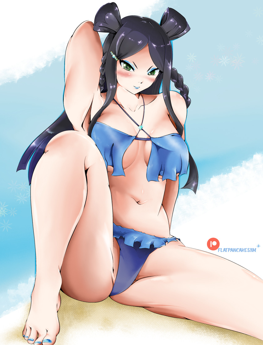 1girl absurdres arm_up armpits beach black_hair blue_lips braided_pigtails breasts fairy_tail flatpancakesjim hair_ornament highres large_breasts legs_apart long_hair looking_at_viewer makeup minerva_orlando patreon_logo patreon_username seductive_smile sitting smile swimsuit thick_thighs thighs