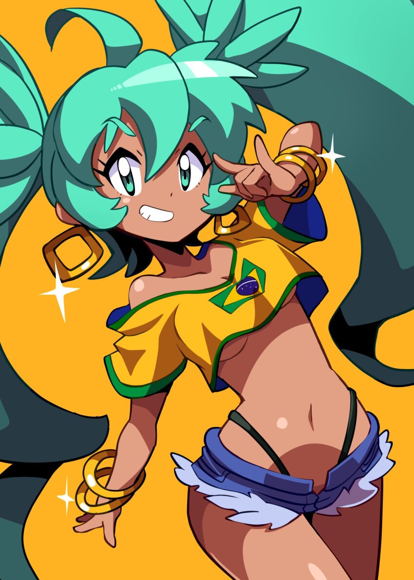 1girl ahoge alternate_costume alternate_skin_color aqua_eyes aqua_hair blue_shorts borrowed_design bracelet brazilian_flag brazilian_flag_print brazilian_miku breasts commentary crop_top curvy dark-skinned_female dark_skin denim denim_shorts dutch_angle earrings flag_print grin hair_between_eyes hatsune_miku highres jewelry long_hair looking_at_viewer m/ midriff multiple_bracelets navel no_bra off-shoulder_shirt off_shoulder open_clothes open_shorts print_shirt sakurajyousui_nami shirt short_sleeves shorts sidelocks simple_background smile solo sparkle standing symbol-only_commentary tan thong twintails underboob very_long_hair vocaloid wide_hips yellow_background
