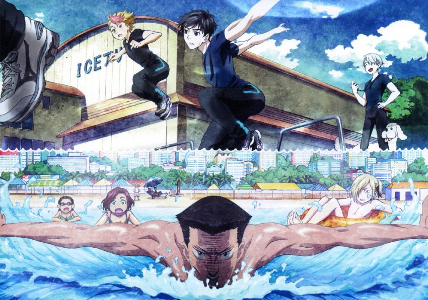 10s 3girls 6+boys beach beach_umbrella bikini bikini_top_only black_hair blonde_hair blue_eyes blue_sky brown_eyes closed_eyes day dog georgi_popovich green_eyes hair_over_one_eye half_updo hat innertube itou_noriko jumping katsuki_yuuri lilia_baranovskaya makkachin male_focus mila_babicheva minami_kenjirou multicolored_hair multiple_boys multiple_girls non-web_source official_art open_mouth outdoors pants red_hair shoes silver_hair sky sneakers split_screen stopwatch swim_ring swimming swimsuit track_pants umbrella viktor_nikiforov watch water yakov_feltsman yuri!!!_on_ice yuri_plisetsky