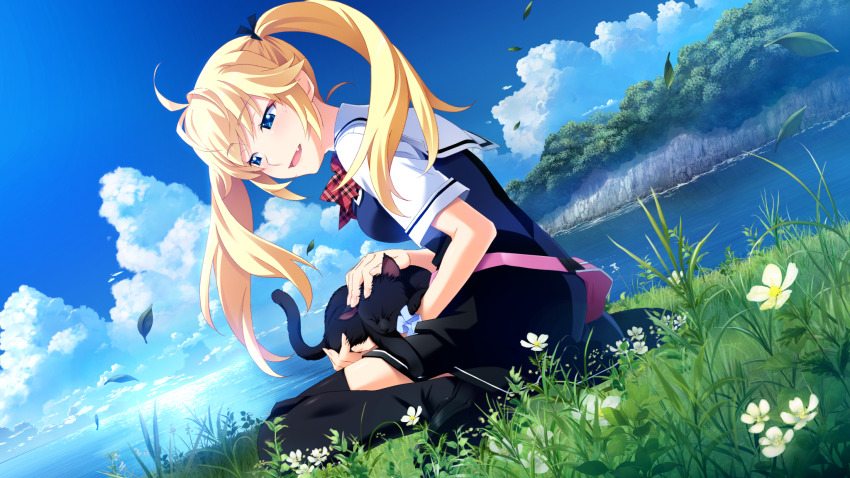 1girl ahoge animal animal_on_lap black_cat black_dress black_ribbon black_shoes black_thighhighs blonde_hair blue_dress blue_eyes blue_scrunchie blue_sky blush bow bowtie breasts bush cat cat_on_lap cliff closed_eyes cloud cloudy_sky collared_shirt cumulonimbus_cloud day dress dutch_angle falling_leaves fang fanny_pack field floating_hair flower from_side full_body game_cg grass grisaia_(series) grisaia_no_kajitsu hair_ribbon half-closed_eyes half_updo headpat highres holding holding_animal holding_cat horizon landscape leaf leaning_forward loafers long_hair matsushima_michiru medium_breasts nature non-web_source nyanmel ocean on_grass on_ground on_lap open_mouth outdoors periwinkle_(flower) pink_bag plaid_bow plaid_bowtie plaid_clothes plant red_bow red_bowtie ribbon sailor_collar sailor_dress scenery school_uniform scrunchie serafuku shirt shoes shore short_sleeves sidelocks sitting sky sleeping sleeping_animal smile solo sunlight thighhighs twintails two-tone_dress variant_set wariza watanabe_akio water white_flower white_sailor_collar white_shirt wind wrist_scrunchie yellow_flower zettai_ryouiki