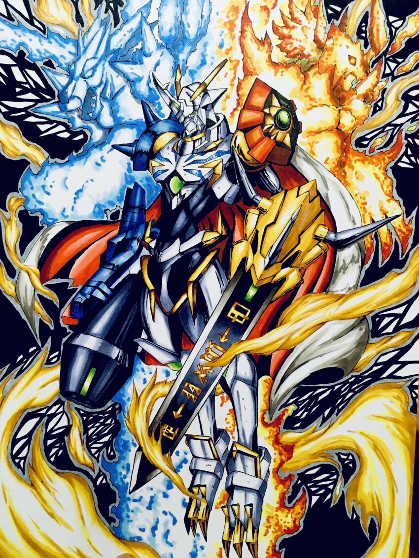 armor cannon digimoji digimon digimon_(creature) fusion highres metalgarurumon metalgarurumon_x-antibody omegamon_x-antibody sword wargreymon wargreymon_x-antibody weapon