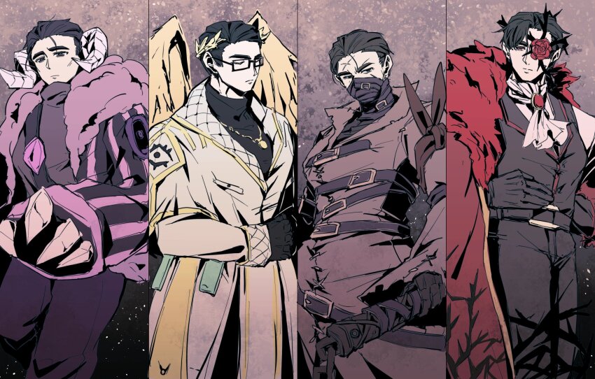 1boy bandaged_arm bandages belt black_gloves black_hair black_suit brambles branch brooch claws closed_eyes coat covered_mouth e.g.o_(project_moon) electric_screaming_(e.g.o) eye_print feathered_wings flower formal_clothes frills fur_coat fur_collar glasses gloves hair_slicked_back hair_vines hand_on_own_hip highres holding_own_hand horns jewelry laurel_crown limbus_company looking_at_viewer male_focus meursault_(project_moon) mry_46 multiple_views necklace one_eye_covered project_moon pursuance_(e.g.o) reaching reaching_towards_viewer red_coat regret_(e.g.o) rose scar scar_on_face sheep_horns solo stray_hair suit thorns too_many too_many_belts white_coat wings yearning-mircalla_(e.g.o)