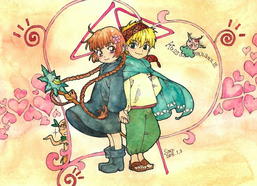 1girl 2boys back-to-back bald black_footwear blonde_hair blue_cape blush braid brown_eyes brown_hair cape dated gipple grass_skirt green_pants hairband heart hetero holding holding_hands holding_staff kukuri_(mahoujin_guruguru) long_hair looking_at_viewer mahoujin_guruguru multiple_boys nike_(mahoujin_guruguru) old old_man pants sandals sayococco smile staff standing traditional_media twin_braids udberg_eldol