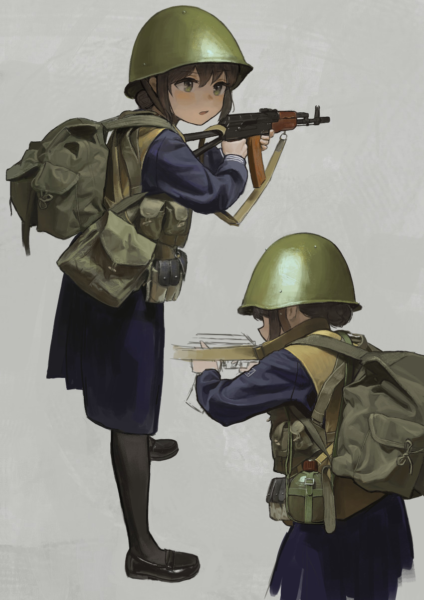 1girl absurdres ak-74 aks-74 assault_rifle backpack bag black_footwear blue_jacket blue_serafuku blue_skirt brown_eyes brown_hair canteen chest_rig combat_helmet garoppui green_bag green_eyes green_headwear grey_background gun hair_bun helmet highres holding holding_gun holding_weapon jacket kalashnikov_rifle load_bearing_vest loafers looking_to_the_side looking_up multiple_views open_mouth original pantyhose rifle school_uniform serafuku shoes short_hair skirt tactical_clothes weapon
