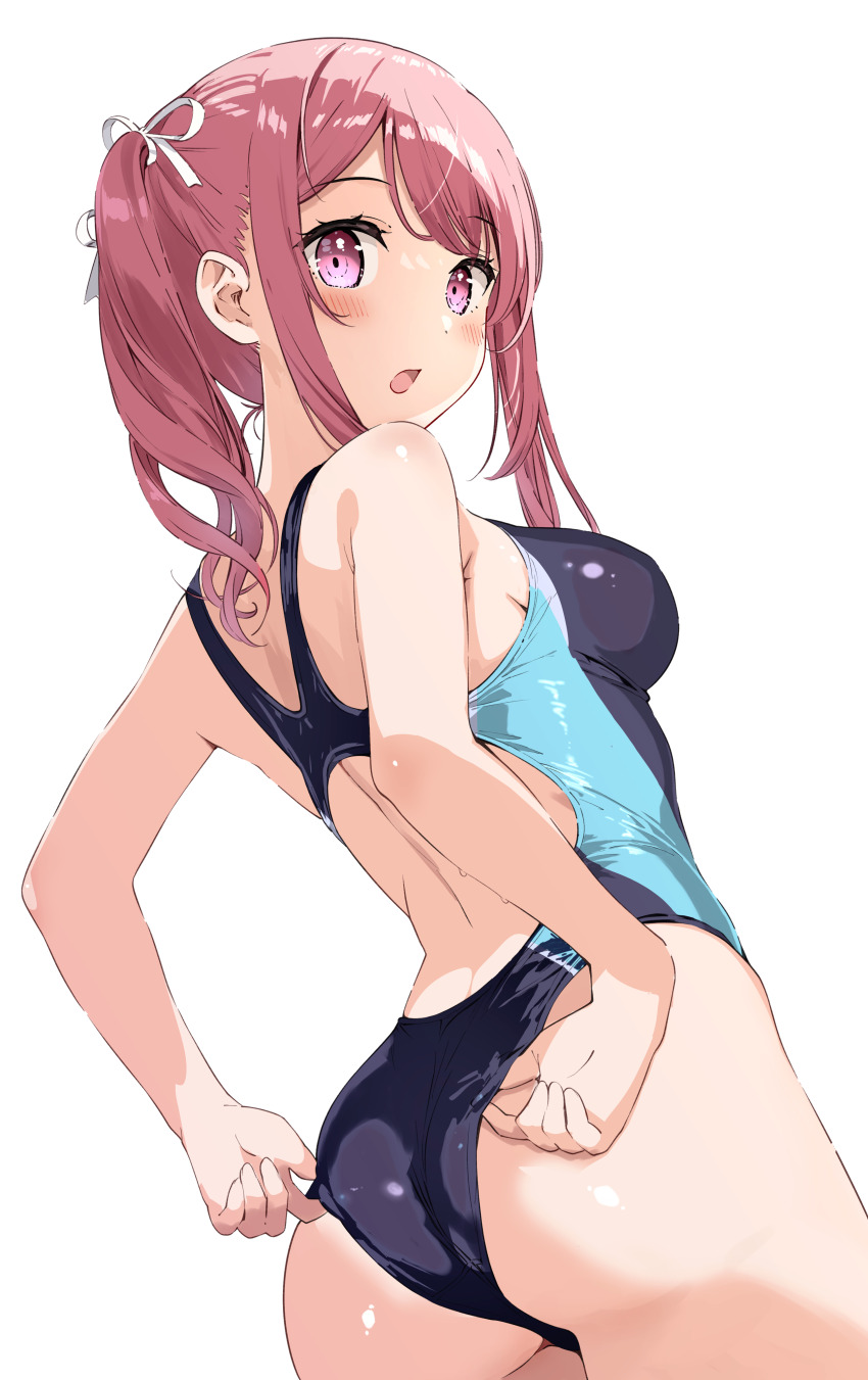 1girl absurdres adjusting_clothes adjusting_swimsuit ass back bad_id bad_pixiv_id bare_arms black_one-piece_swimsuit blush breasts check_commentary commentary_request competition_swimsuit highleg highres kurumi_(kantoku) looking_at_viewer looking_back medium_breasts miyuki_(yxbt7) one-piece_swimsuit open_mouth original ponytail purple_eyes red_hair school_swimsuit sidelocks simple_background solo standing swimsuit white_background