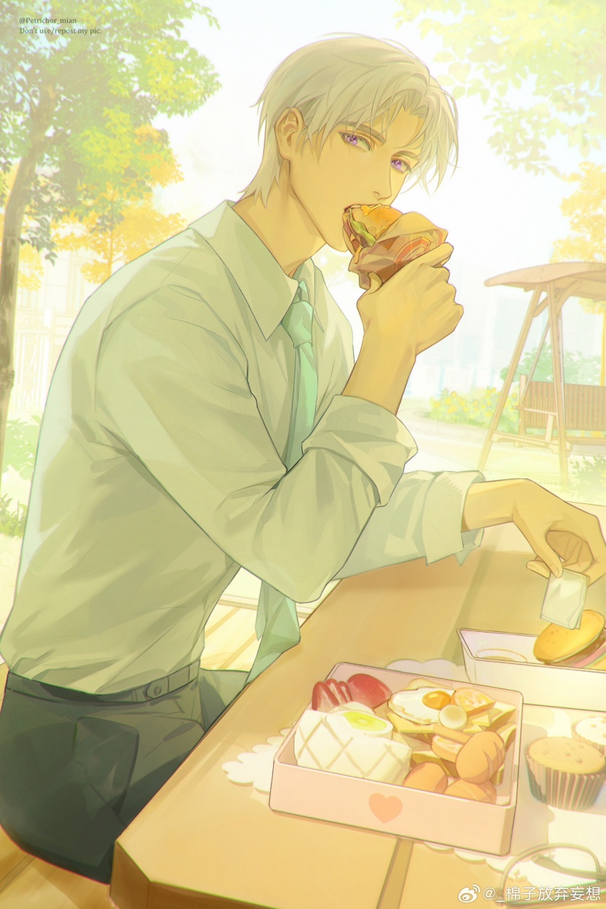 1boy absurdres aqua_necktie bread bread_slice burger bush charlie_su collared_shirt cupcake day eating egg fingernails food fried_egg fried_egg_on_toast fruit grey_hair hardboiled_egg highres holding holding_food light_and_night_love long_sleeves looking_at_viewer male_focus mian_zi_fangqi_wangxiang napkin necktie open_mouth outdoors parted_bangs purple_eyes sausage shirt short_hair sitting solo strawberry sunlight swing_set table toast tree watermark weibo_watermark white_shirt