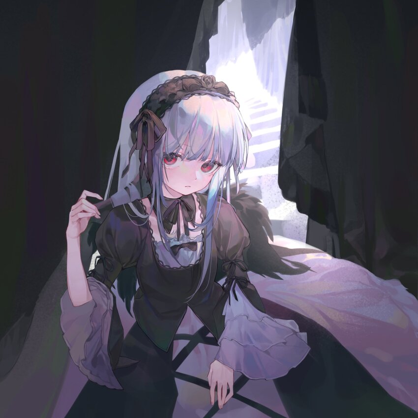 1girl closed_mouth hairband highres long_sleeves looking_at_viewer red_eyes rozen_maiden sitting solo suigintou wusubamineko