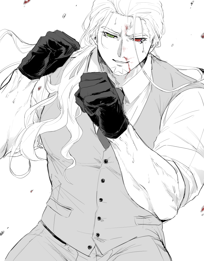 1boy absurdres alessandro_di_cagliostro_(fate) biceps blood blood_on_face buttons clenched_hands collared_shirt commentary_request dirty dirty_face fate/grand_order fate_(series) fighting_stance gloves green_eyes hair_over_shoulder heterochromia highres k_ruc long_hair male_focus necktie nosebleed partially_colored red_eyes ringed_eyes shirt sleeves_rolled_up solo spot_color upper_body veins veiny_arms vest