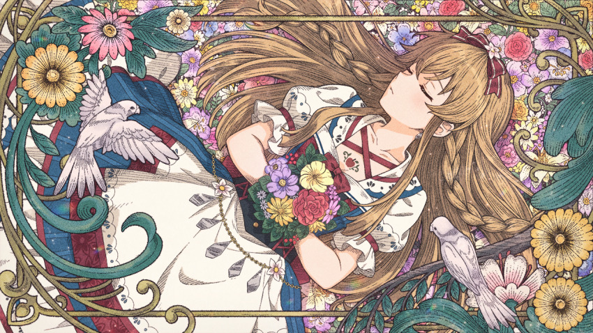 1girl bird bow braid brown_hair buttons closed_eyes dress flower game_cg hair_bow idolmaster idolmaster_million_live! idolmaster_million_live!_theater_days kousaka_umi official_art puffy_sleeves snow_white_(fairy_tale) snow_white_(grimm)