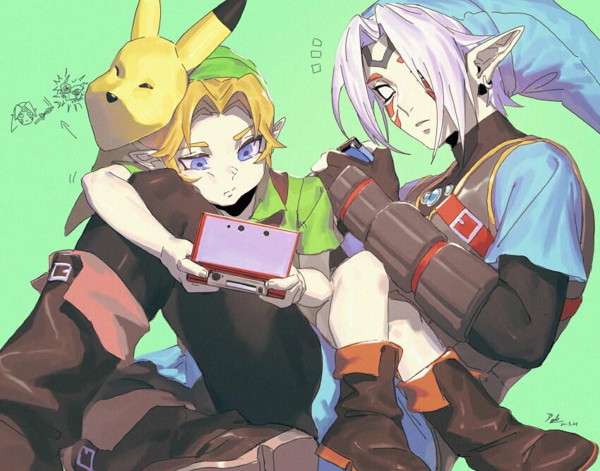 2boys blonde_hair blue_eyes boots brown_footwear dele14375735 fierce_deity green_tunic handheld_game_console highres keaton_mask leather leather_boots link multiple_boys nintendo nintendo_3ds nintendo_switch phrygian_cap playing_games the_legend_of_zelda the_legend_of_zelda:_majora&#039;s_mask tunic young_link