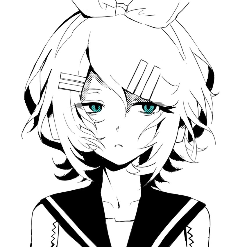 1girl aqua_eyes bow_hairband commentary hair_ornament hairband hairclip hashtag-only_commentary highres kagamine_rin looking_to_the_side parted_lips portrait sailor_collar shirt short_hair sleep15zzzz sleeveless sleeveless_shirt solo spot_color vocaloid