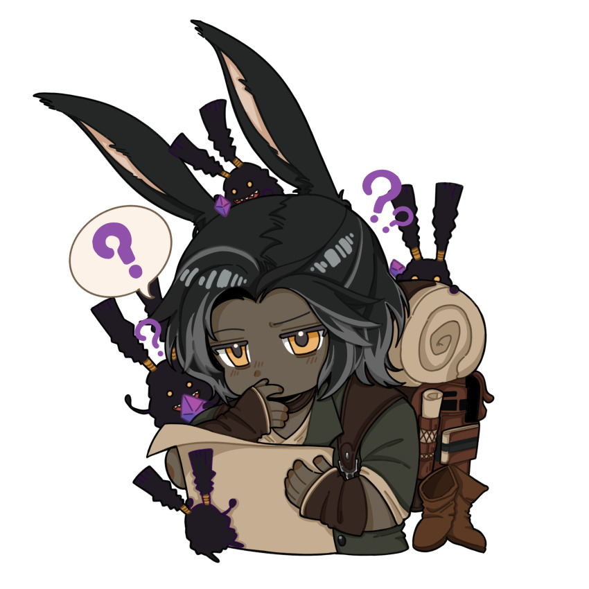 1boy ? ?? animal_ears backpack bag black_hair bracer chibi chibi_only chinese_commentary commentary_request confused creature_on_head cropped_torso dark-skinned_male dark_skin erenville final_fantasy final_fantasy_xiv hand_on_own_face highres holding holding_map male_focus map rabbit_ears short_hair simple_background solo spoken_question_mark spriggan_(final_fantasy) transparent_background upper_body viera yellow_eyes yinjia_yija