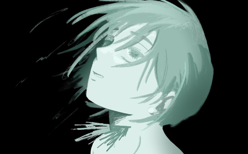 1girl alien_stage black_background blood_from_neck earrings from_side highres jewelry monochrome motii short_hair simple_background solo sua_(alien_stage)