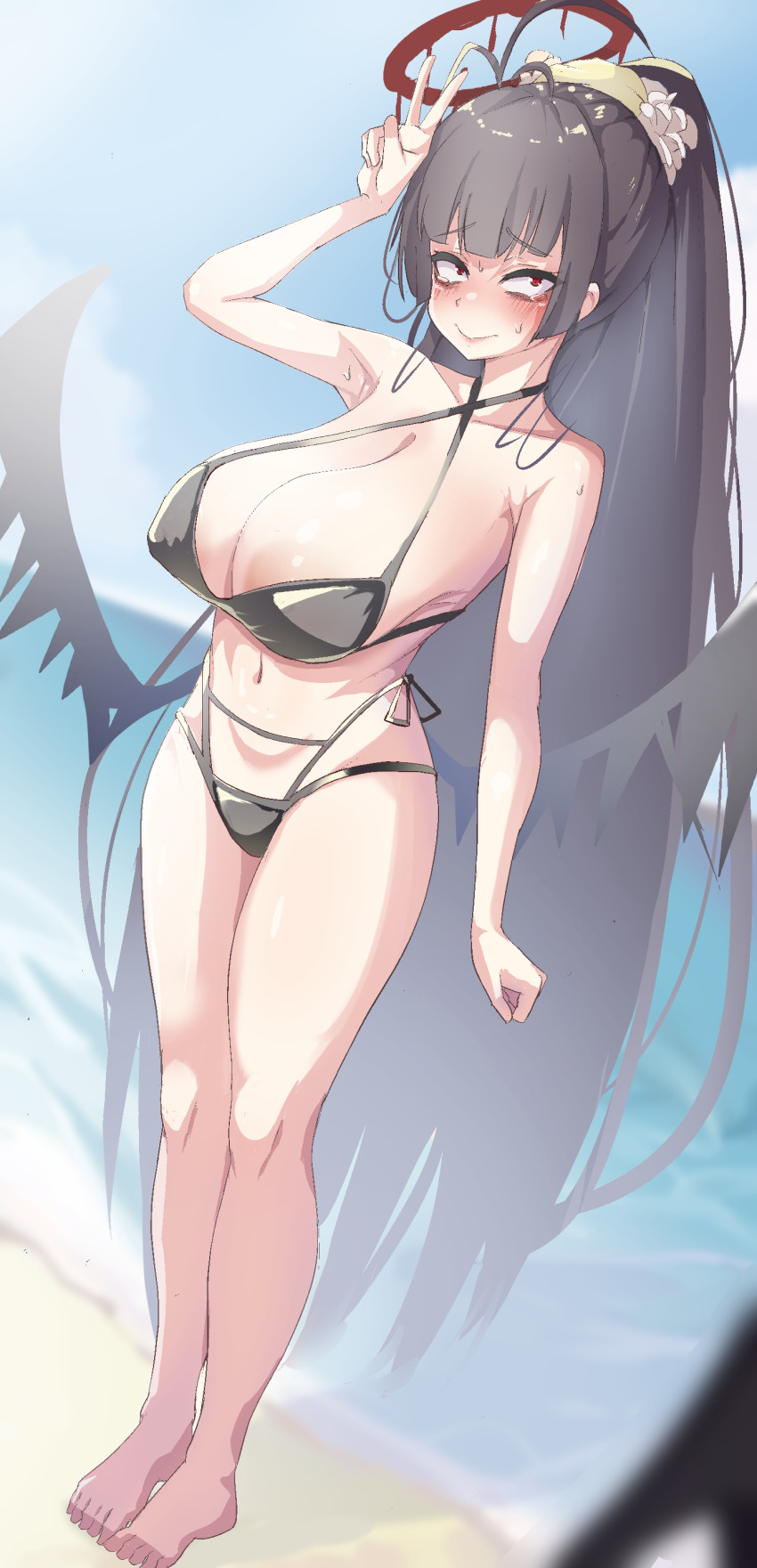 1girl absurdres antenna_hair areola_slip barefoot bikini black_bikini black_hair black_wings blood blood_halo blue_archive breasts day full_body halo halterneck hand_up highres huge_breasts large_areolae legs liquid_halo long_hair low_twintails navel ocean outdoors red_eyes sand solo standing swimsuit toes tsurugi_(blue_archive) tsurugi_(swimsuit)_(blue_archive) twintails v very_long_hair water wings yamamoto_seishiro