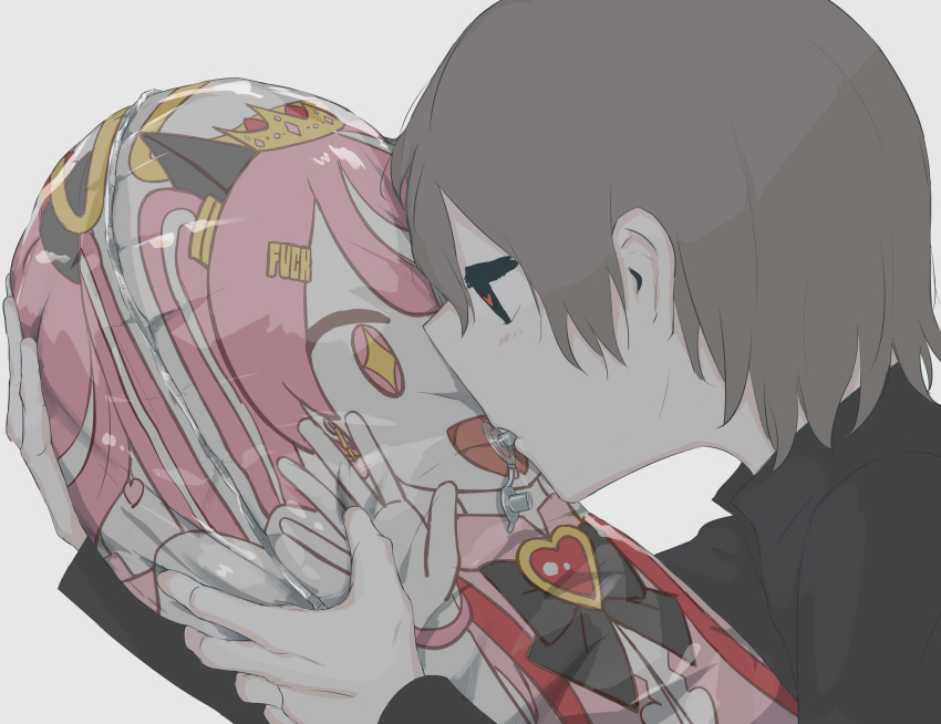 1boy absurdres avogado6 black_eyes black_shirt blow_up_doll commentary from_side grey_hair heart heart-shaped_pupils highres holding long_sleeves looking_at_object original pink_hair profanity shirt short_hair solo star_(symbol) symbol-shaped_pupils white_background