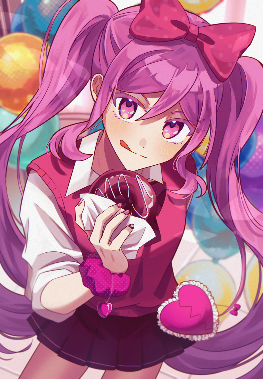 1girl absurdres alternate_costume blush bow closed_mouth collared_shirt donut food genk1zam4s hair_bow highres holding holding_food long_hair long_sleeves looking_at_viewer omori pink_bow pink_eyes pink_hair pink_skirt pink_sweater_vest pleated_skirt polka_dot polka_dot_bow shirt skirt smile solo sweater_vest sweetheart_(omori) tongue tongue_out twintails white_shirt