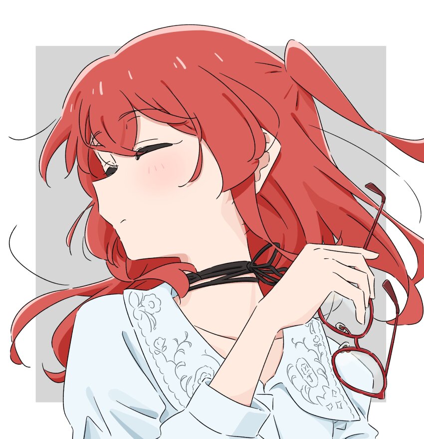 1girl absurdres bocchi_the_rock! closed_eyes commentary highres kita_ikuyo mayo_(oekaki_bibbi) red-framed_eyewear red_hair removing_eyewear shirt solo white_shirt