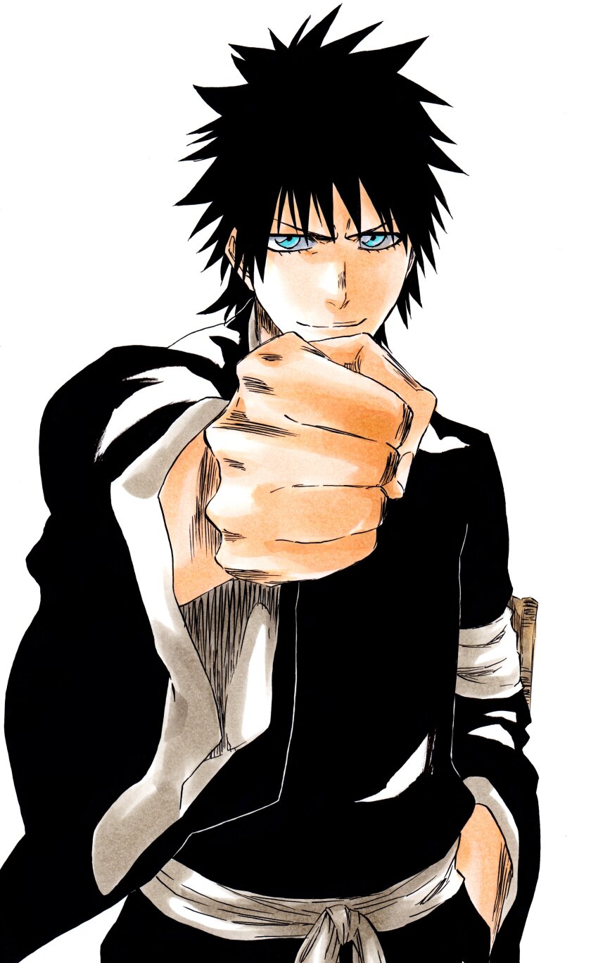 &gt;:) 1boy absurdres aqua_eyes badge black_hair black_kimono bleach clenched_hand closed_mouth commentary eyelashes foreshortening fukutaichou_badge hand_on_own_hip highres japanese_clothes ken&#039;ichi_(ken1ro_u) kimono kubo_tite_(style) long_sleeves looking_at_viewer male_focus obi official_style outstretched_arm sash shiba_kaien short_hair simple_background smile solo spiked_hair upper_body v-shaped_eyebrows white_background wide_sleeves