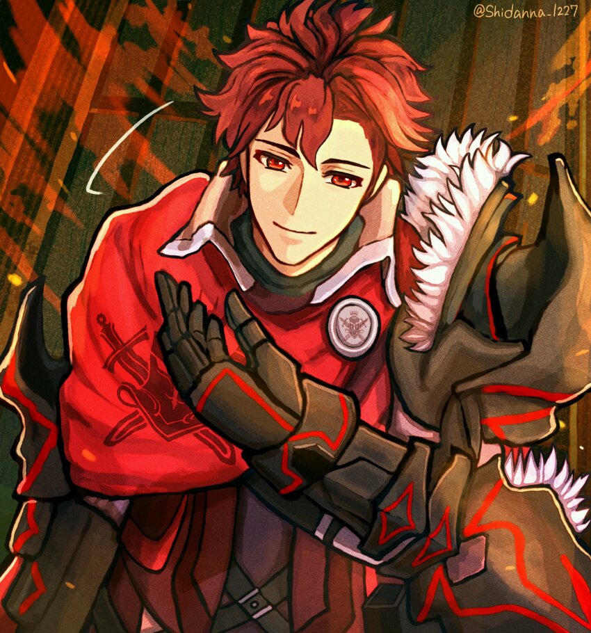1boy armor cape closed_mouth diamant_(fire_emblem) fire_emblem fire_emblem_engage gloves highres looking_at_viewer male_focus nintendo red_eyes red_hair shidanna1227 short_hair shoulder_armor smile solo