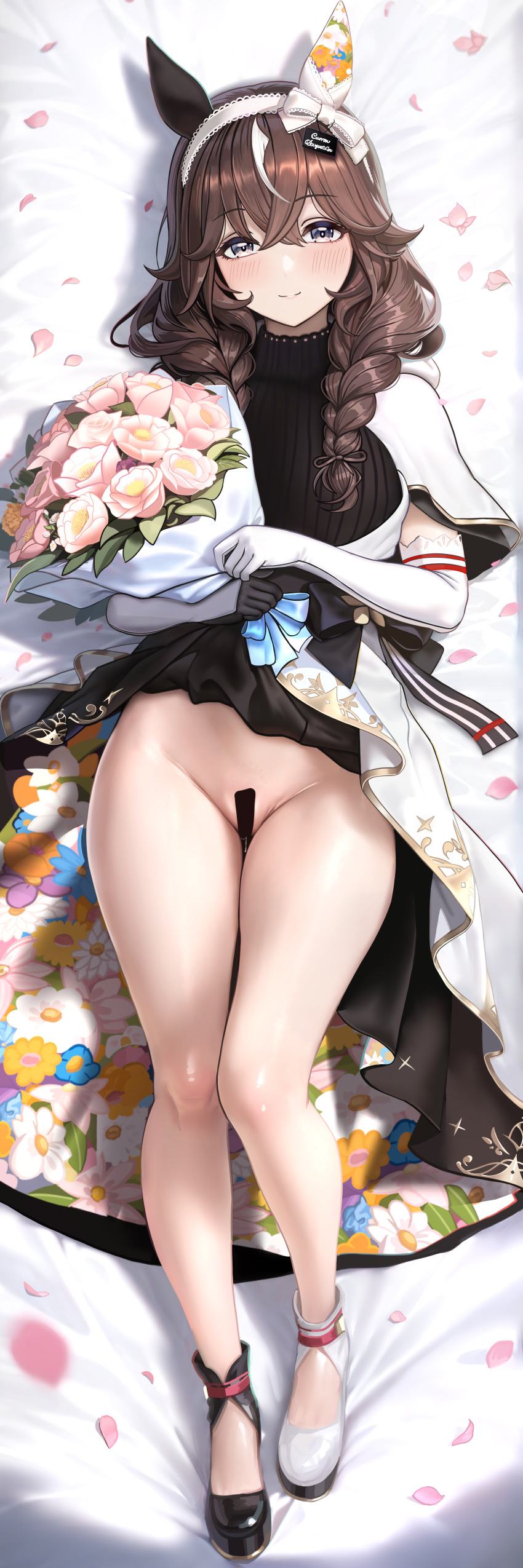 1girl absurdres animal_ears asdkd123 asymmetrical_footwear black_shoes black_skirt black_sweater blue_eyes blush bouquet braid breasts brown_hair censored closed_mouth clothes_lift crossed_bangs curren_bouquetd&#039;or_(umamusume) ear_covers elbow_gloves flower gloves hair_between_eyes hairband highres holding holding_bouquet horse_ears horse_girl large_breasts long_hair looking_at_viewer lying mismatched_footwear multicolored_skirt no_panties on_back pink_flower pussy pussy_juice shoes skirt skirt_lift smile solo sweater turtleneck turtleneck_sweater twin_braids umamusume white_gloves white_hairband white_shoes white_skirt